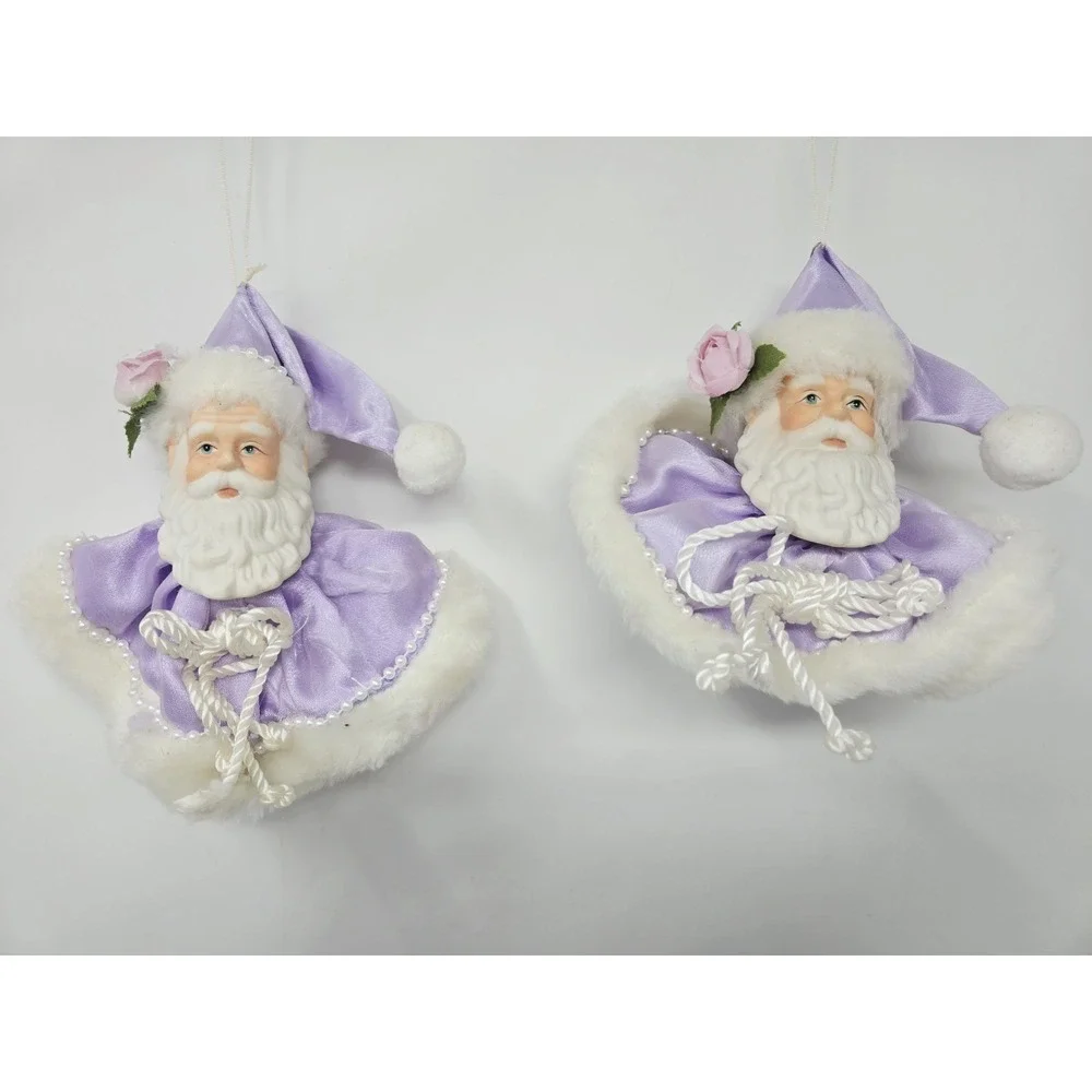 Vintage Santa Head Ornament Or Shelf Sitter White  Purple w Porcelain Face Lot 6